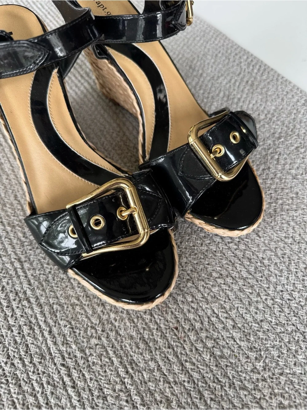 Apt. 9 Black Patent Ankle Strap Wedge Sandals with Oversized Gold Buckles Sz 9